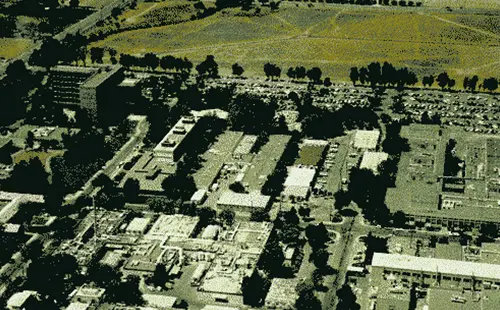An aerial view of a residential area with many buildings.