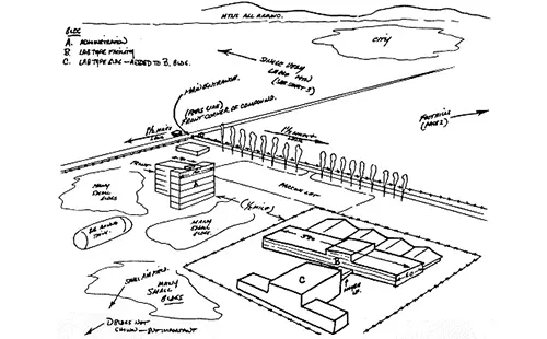 A drawing of an area with buildings and trees.